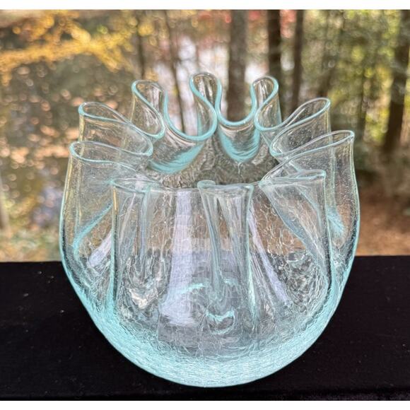 Vtg Aqua Color Crackle Glass Ruffled Crimpled Pinched Pleated Ribbon Glass Bowl - Picture 3 of 11